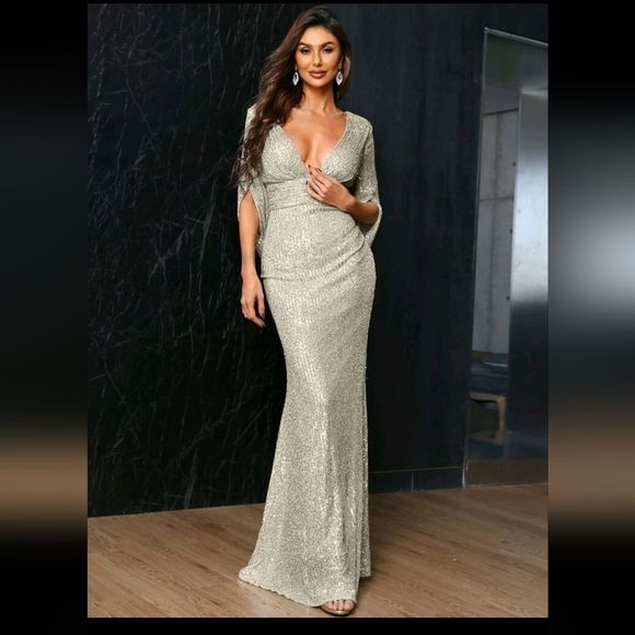 Plunging Neck V Back Sequin Gown - Picture 2 of 16